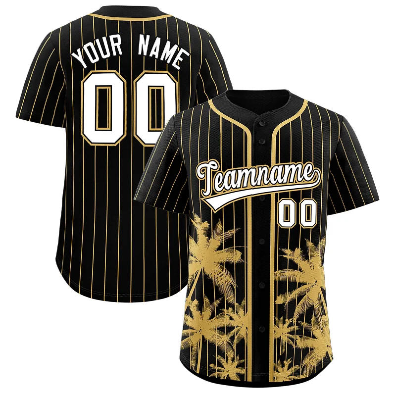 Football Jersey For Supporters-Basketball Jersey For Supporters-Pinstripe Baseball Jersey-Custom Black Old Gold Pinstripe Coconut Tree Pattern Authentic Baseball Jersey