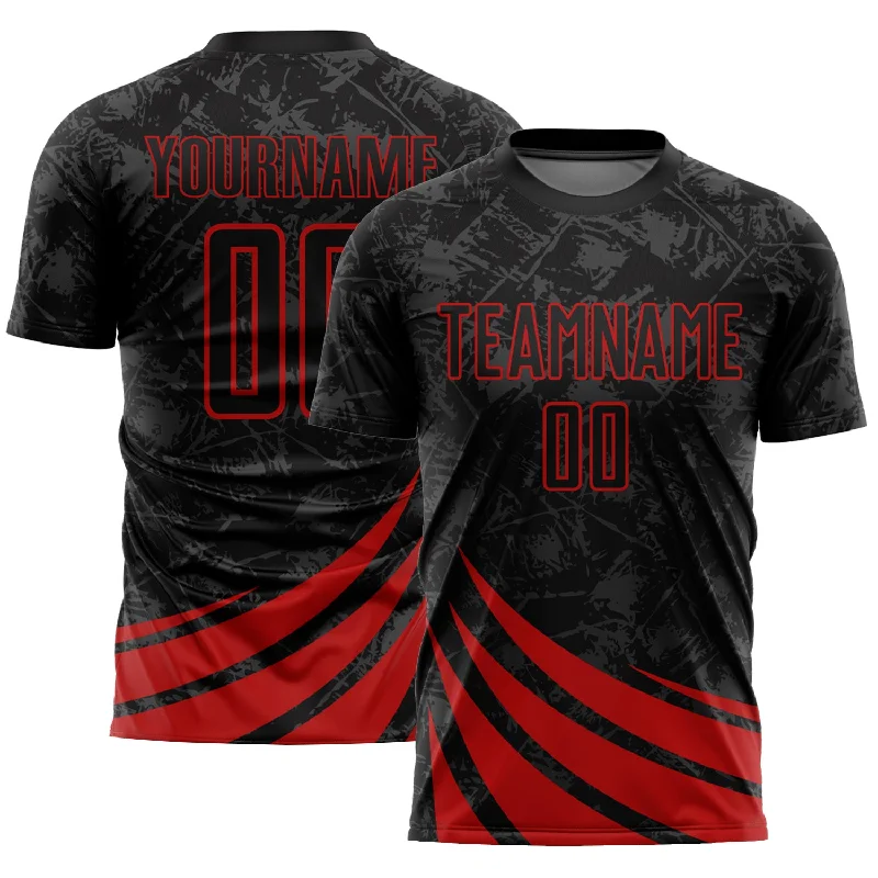 Football Jersey With Embroidery-Custom Black Red Wind Shapes Sublimation Soccer Uniform Jersey