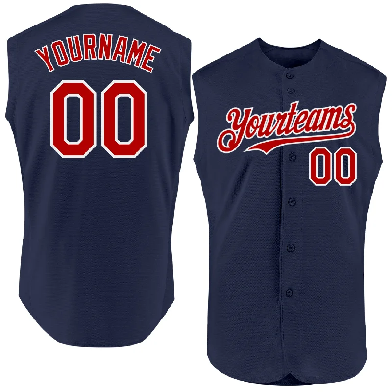 Football Jersey With Elastic Waistband-Basketball Jersey With Elastic Waistband-Baseball Jersey For Charity Events-Custom Navy Red-White Authentic Sleeveless Baseball Jersey