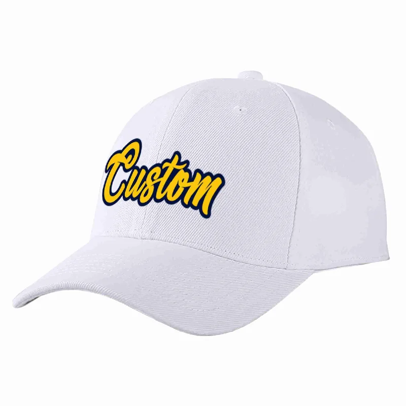 Snapback Baseball Cap-Custom White Yellow-Navy Curved Eaves Sport Baseball Cap Design for Men/Women/Youth