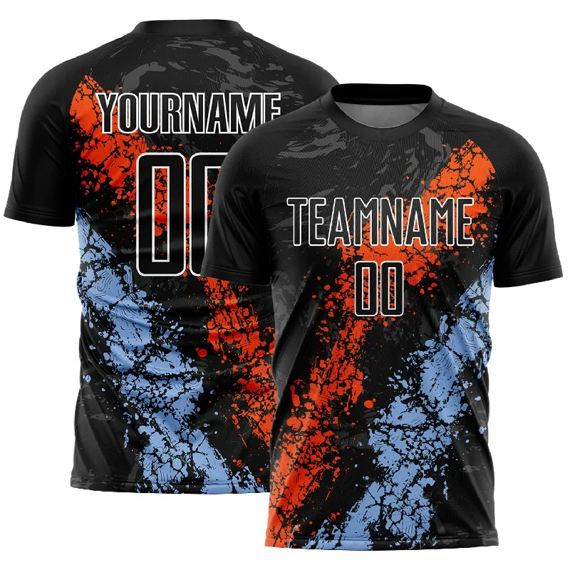 Football Jersey For Preseason Training-Custom Black Orange-Light Blue Dripping Splatter Art Sublimation Soccer Uniform Jersey