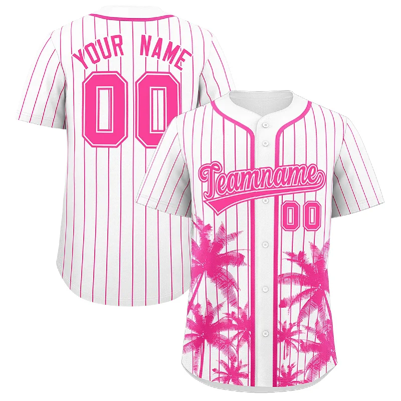 Football Jersey For Game Day-Basketball Jersey For Game Day-Baseball Jersey With Patch-Custom White Pink Pinstripe Coconut Tree Pattern Authentic Baseball Jersey