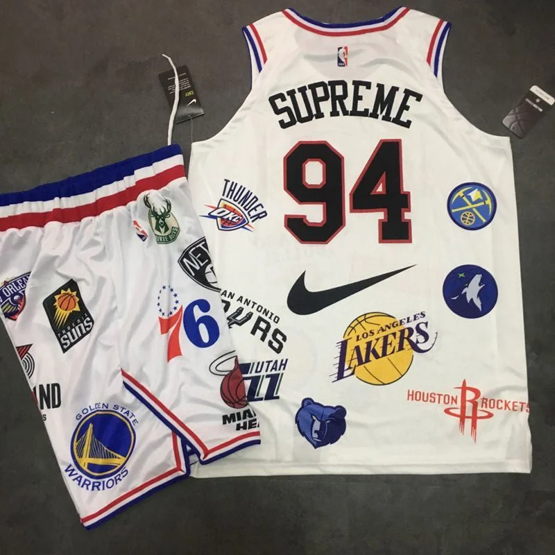 Basketball Jersey For Big Guys-Supreme x x Logos White Stitched Basketball Basketball Jersey(With Shorts)