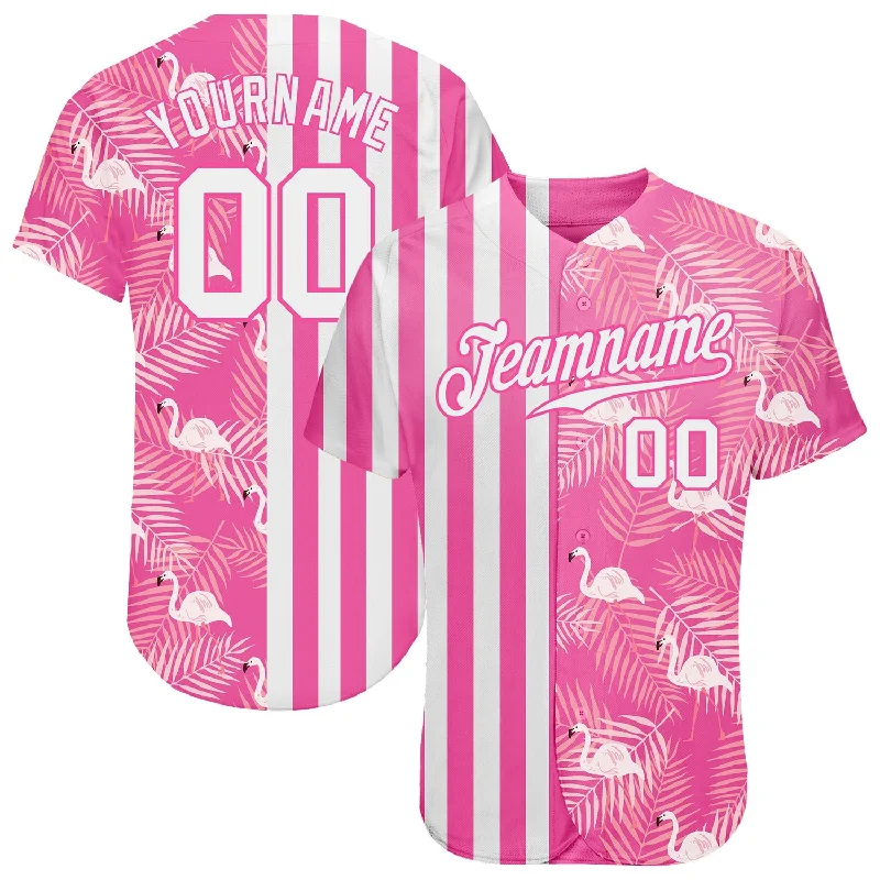 Football Jersey With Inspirational Graphics-Basketball Jersey With Historic Print-Baseball Jersey With Team Pride-Custom Pink White 3D Pattern Design Tropical Palm Leaves And Flamingo Authentic Baseball Jersey