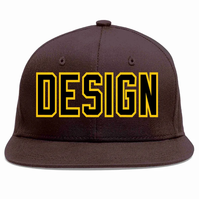 Racing Baseball Cap-Custom Brown Black-Gold Flat Eaves Sport Baseball Cap Design for Men/Women/Youth