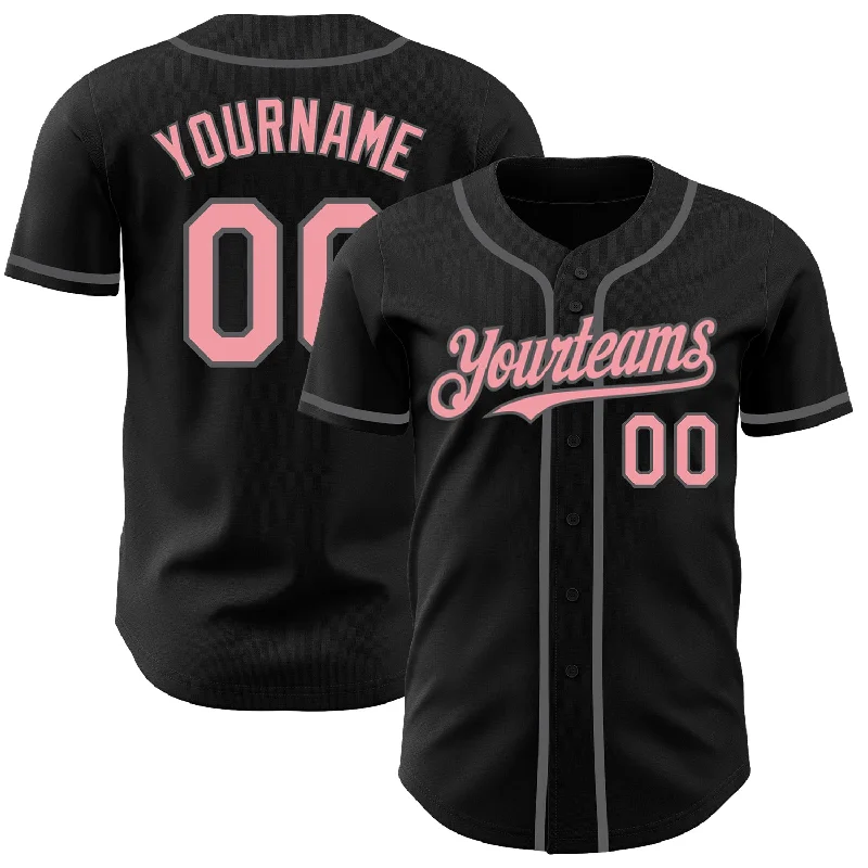 Football Jersey With Gradient Colors-Basketball Jersey With Gradient Colors-Baseball Jersey For Players-Custom Black Medium Pink-Steel Gray Authentic Baseball Jersey