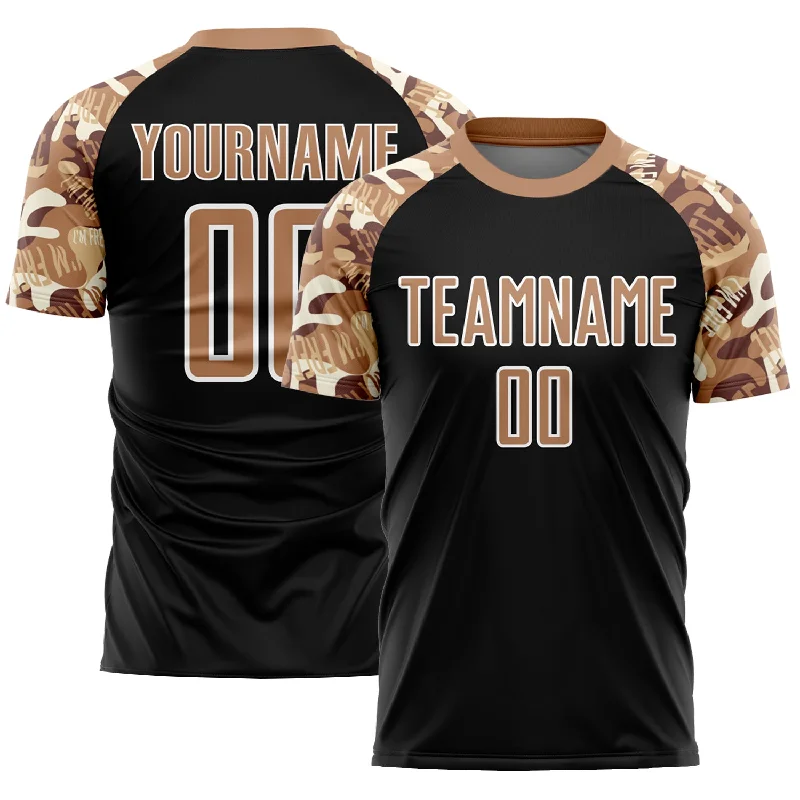 Football Jersey For Adults-Custom Black Old Gold-White Camouflage Sublimation Soccer Uniform Jersey