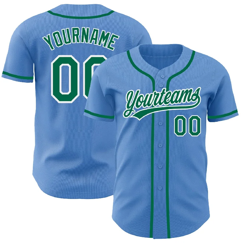 Football Jersey With Personalized Slogan-Basketball Jersey With Personalized Slogan-Baseball Jersey With Floral Design-Custom Powder Blue Kelly Green-White Authentic Baseball Jersey