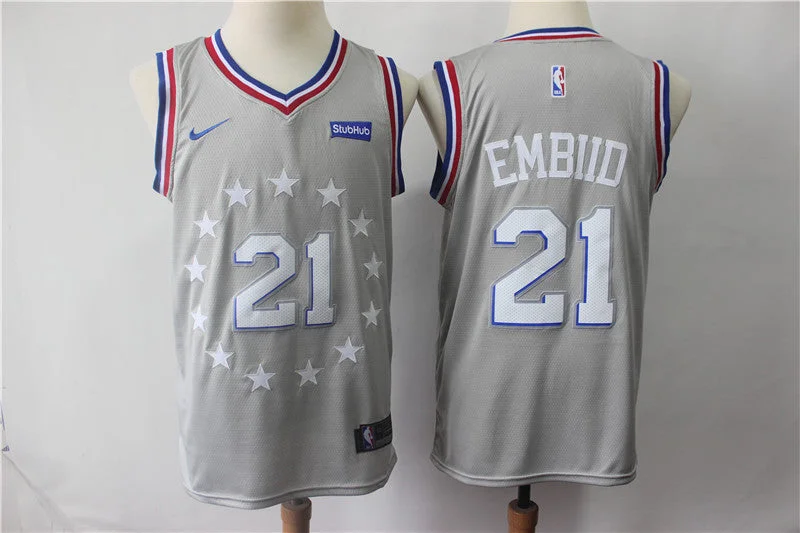 Basketball Jersey With Mesh Panels-76ers 21 Joel Embiid Gray 2018-19 City Edition Swingman Basketball Jersey