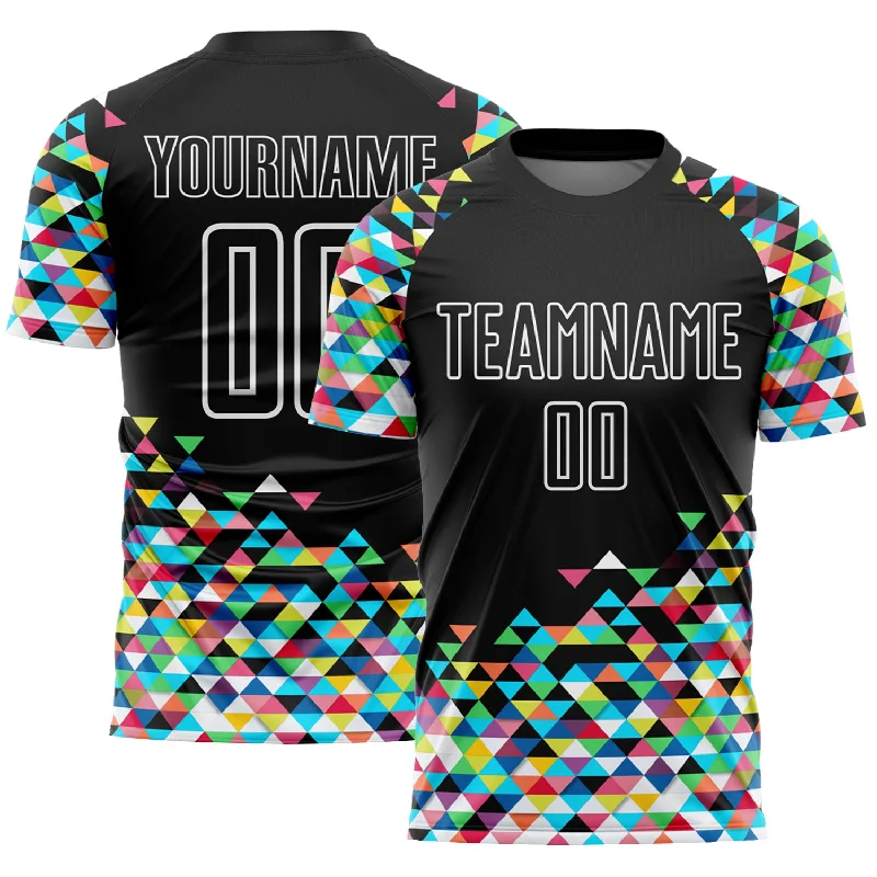 Unique Football Jersey-Custom Black White Colorful Geometric Triangle Sublimation Soccer Uniform Jersey