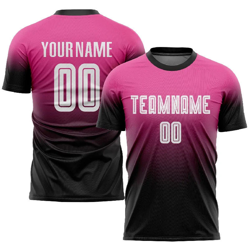 Football Jersey With Pockets-Custom Pink White-Black Sublimation Fade Fashion Soccer Uniform Jersey