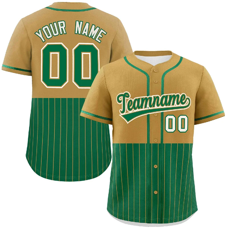 Embroidered Football Jersey-Printed Basketball Jersey-Embroidered Baseball Jersey-Custom Old Gold Kelly Green Personalized Half Stripe Design Authentic Baseball Jersey