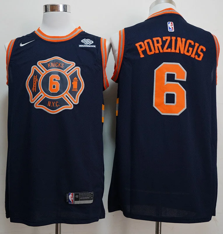 Basketball Jersey For Big Guys-Knicks 6 Kristaps Porzingis Navy City Edition Swingman Basketball Jersey