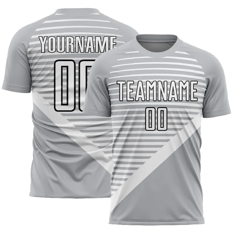 Football Jersey With Player Photos-Custom Gray White-Black Stripes Sublimation Soccer Uniform Jersey