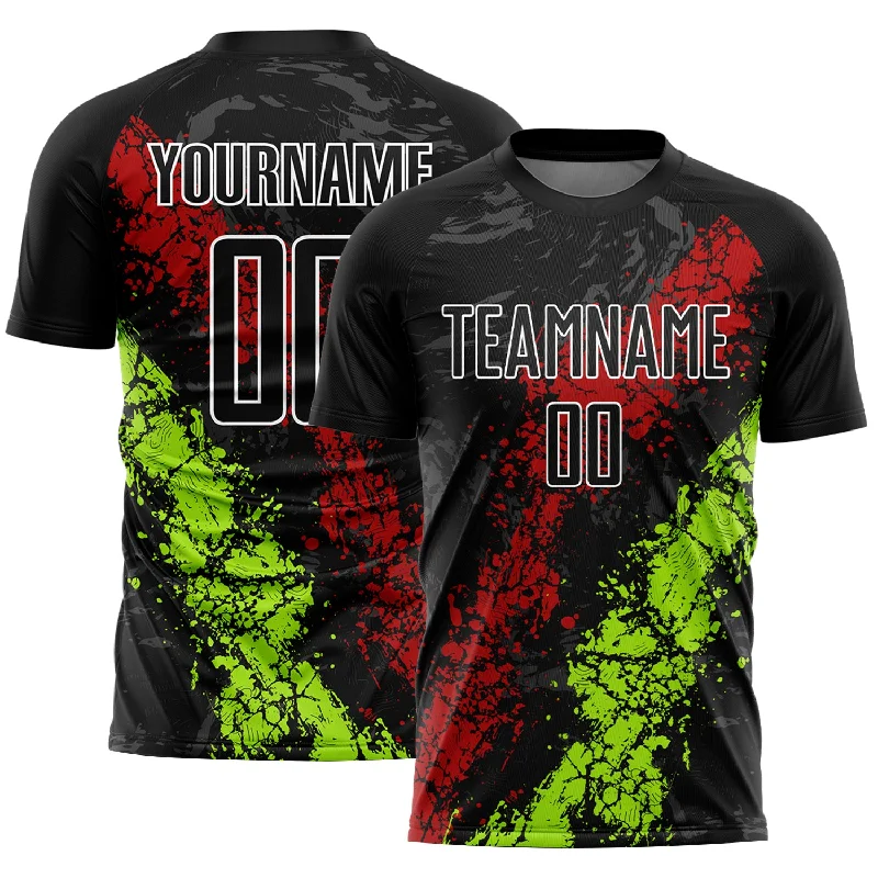 Football Jersey With Contrast Colors-Custom Black Red-Neon Green Dripping Splatter Art Sublimation Soccer Uniform Jersey