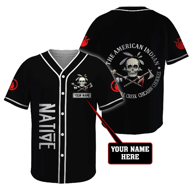 Football Jersey With Celebrity Name-Basketball Jersey With Event Sponsor-Baseball Jersey With Unique Embroidery-Native American Skull Cool Black Personalized Baseball Jersey