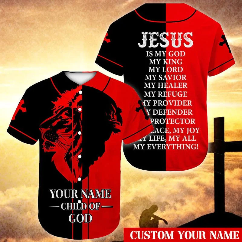 Football Jersey With Team Spirit-Basketball Jersey With Team Spirit-Baseball Jersey With Tropical Print-Lion, God, Red Black Baseball Jersey - Child Of God Custom Baseball Jersey For Men Women