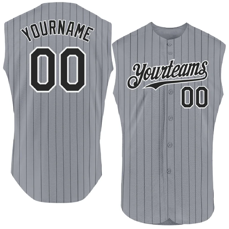 Football Jersey With Adult League Design-Basketball Jersey With Championship Trophy-Baseball Jersey With Neon Glow Design-Custom Gray Black Pinstripe White Authentic Sleeveless Baseball Jersey