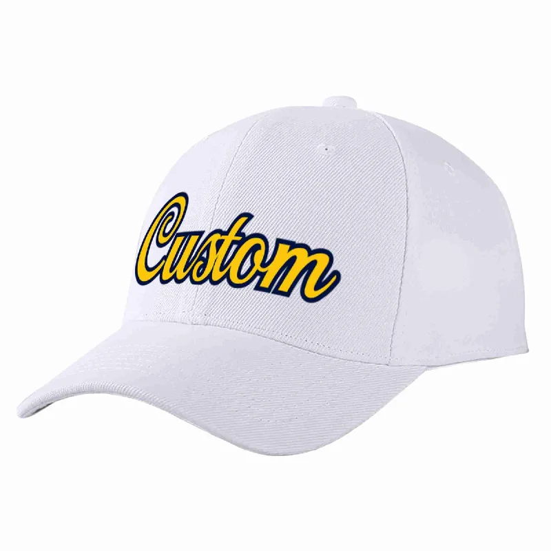 Warm Baseball Cap-Custom White Yellow-Navy Curved Eaves Sport Baseball Cap Design for Men/Women/Youth