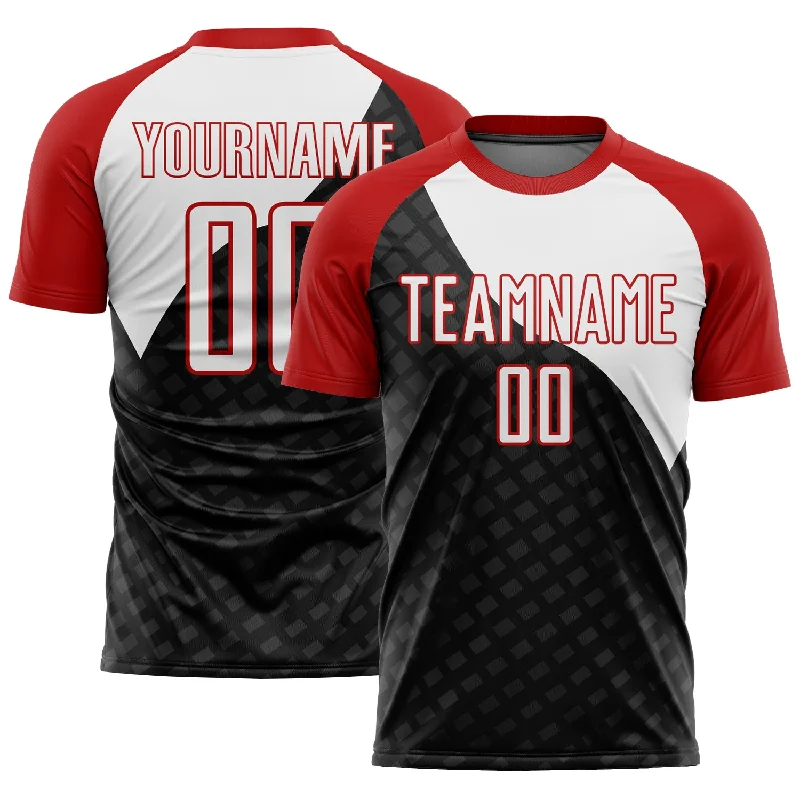 Football Jersey For Adults-Custom Black White-Red Curve Lines Sublimation Soccer Uniform Jersey