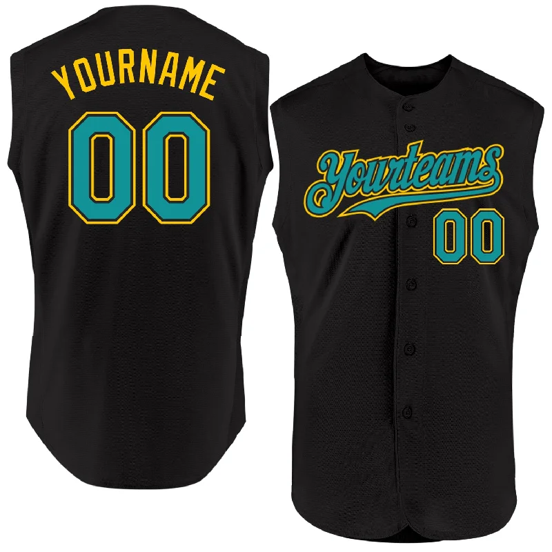 Football Jersey With School Team Logo-Basketball Jersey With School Team Logo-Baseball Jersey With Custom Monogram-Custom Black Teal-Yellow Authentic Sleeveless Baseball Jersey