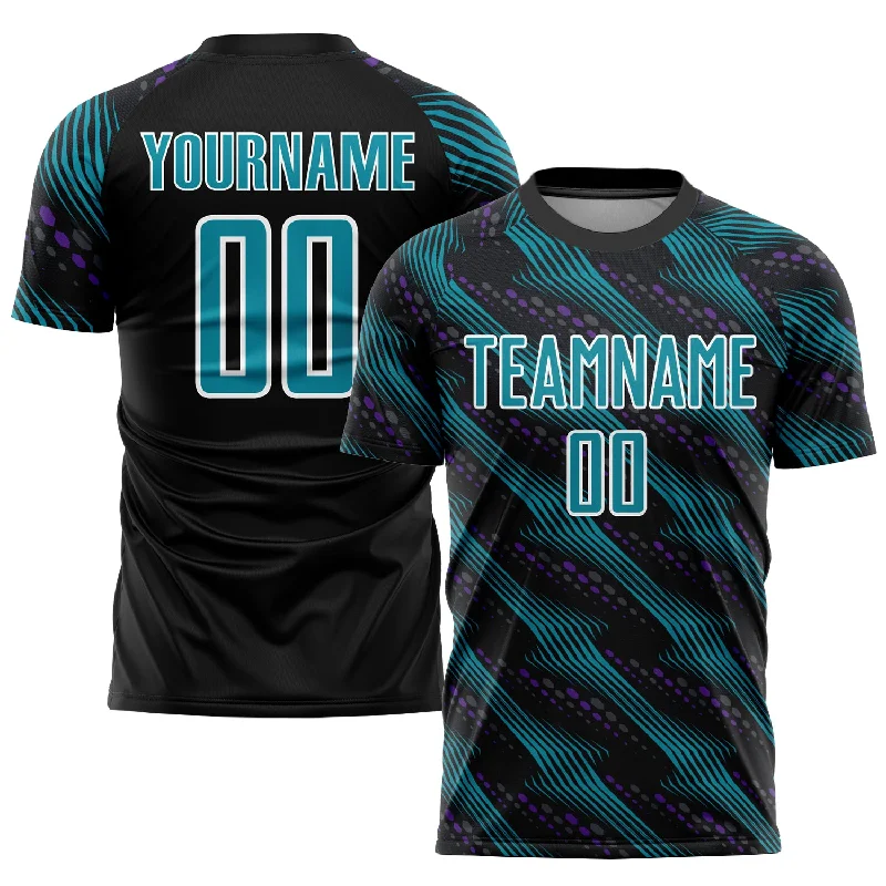 Football Jersey With Secure Fit-Custom Black Teal-White Sublimation Soccer Uniform Jersey