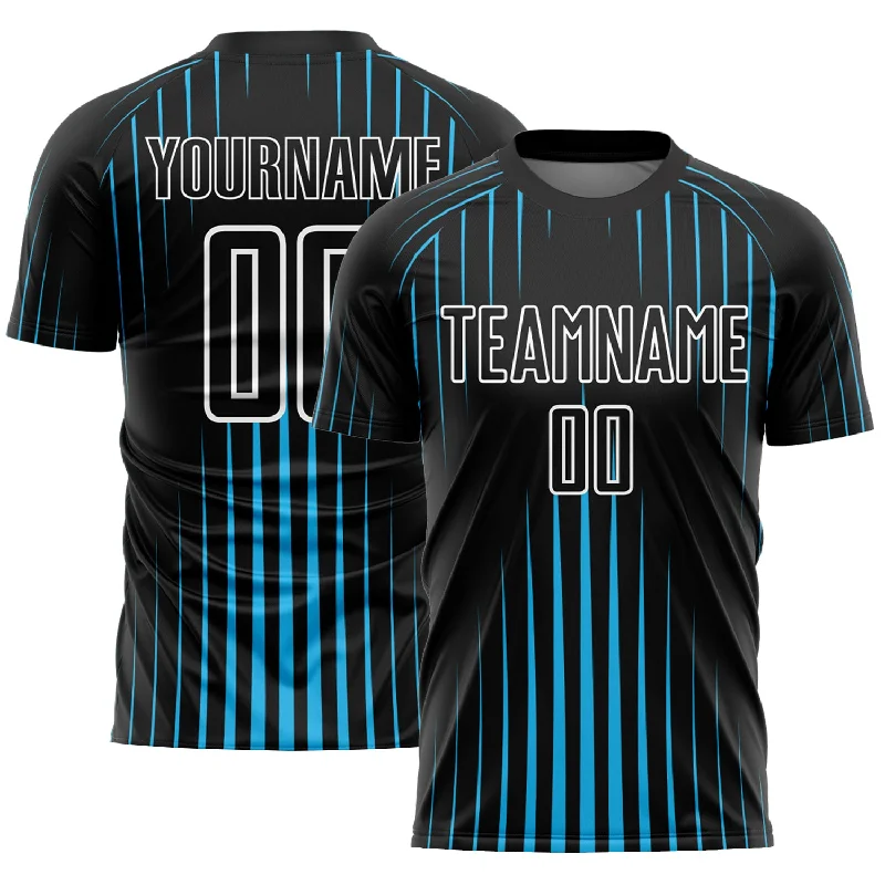 Football Jersey With Advanced Stitching-Custom Black Sky Blue-White Lines Sublimation Soccer Uniform Jersey