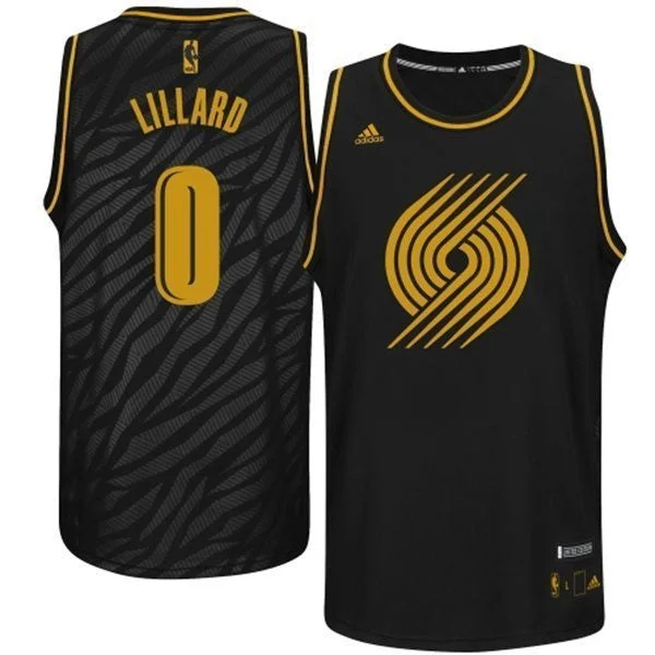 Best Basketball Jersey-Blazers 0 Lillard Black Gold Lettering Basketball Jerseys