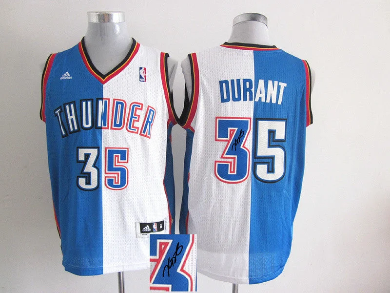 Basketball Jersey With Large Color Blocks-Thunders 35 Durant White & Blue Split Signature Edition Basketball Jerseys