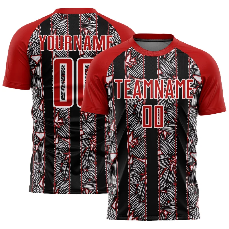 Football Jersey For High School Teams-Custom Red Black-White Flowers Sublimation Soccer Uniform Jersey