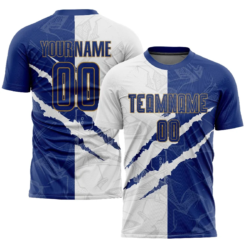 Football Jersey For School Teams-Custom Graffiti Pattern Royal White-Old Gold Sublimation Soccer Uniform Jersey