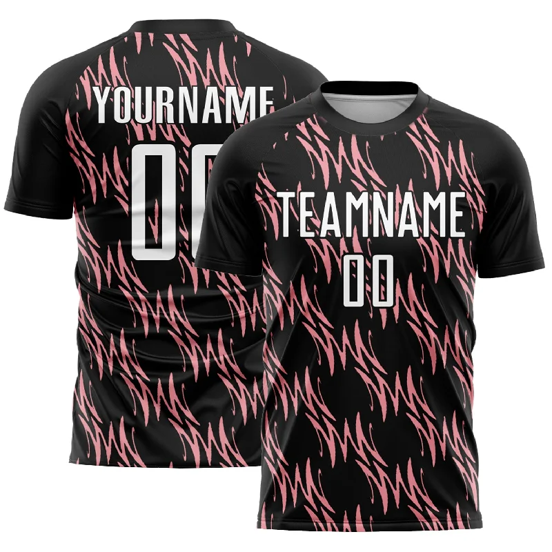 Football Jersey With Multiple Sizes-Custom Black White-Medium Pink Abstract Wave Sublimation Soccer Uniform Jersey