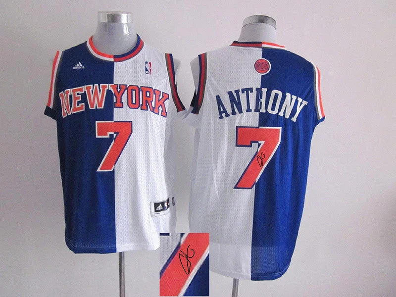 Basketball Jersey For Fast Movement-Knicks 7 Anthony Blue & White Split Signature Edition Basketball Jerseys