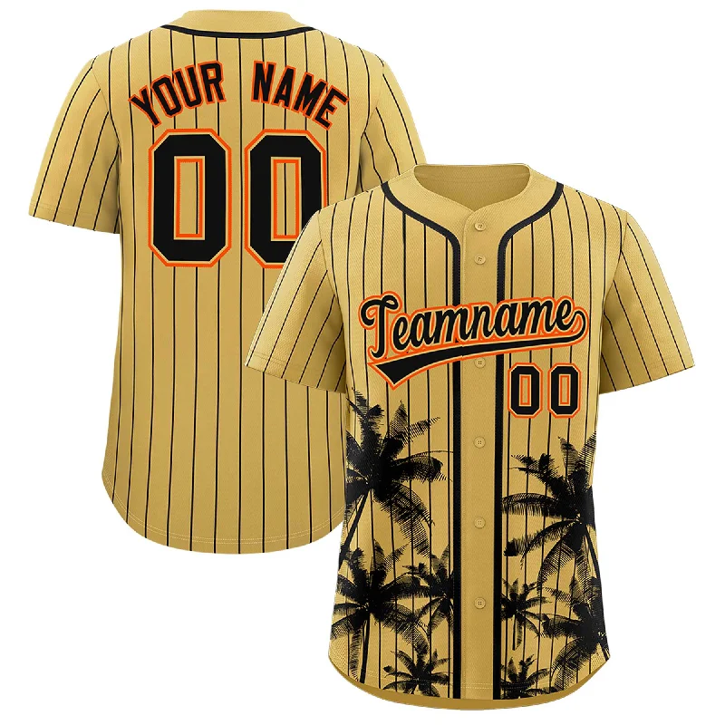 Men’s Football Jersey-Men’s Basketball Jersey-Throwback Baseball Jersey-Custom Old Gold Black Pinstripe Coconut Tree Pattern Authentic Baseball Jersey