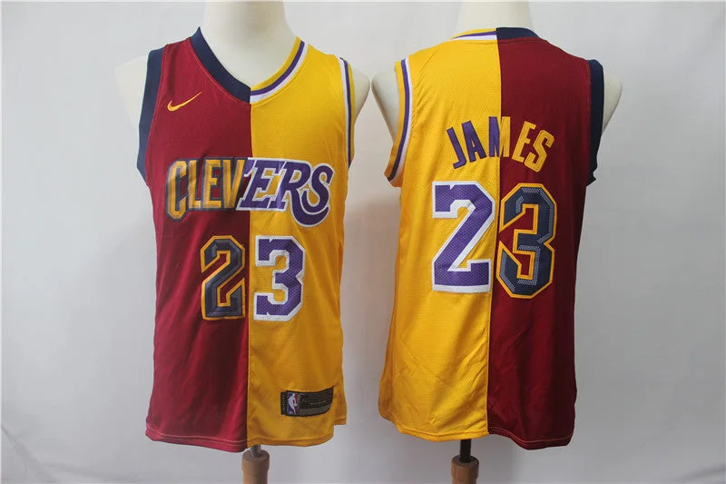 Basketball Jersey For Comfortable Wear-Lakers 23 Lebron James Red Gold Split Swingman Basketball Jersey