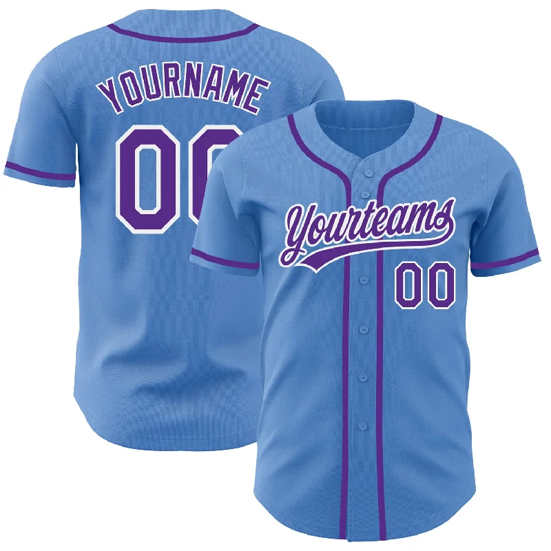 Football Jersey With Sleeve Logos-Basketball Jersey With Sleeve Logos-Baseball Jersey With Flames Design-Custom Powder Blue Purple-White Authentic Baseball Jersey