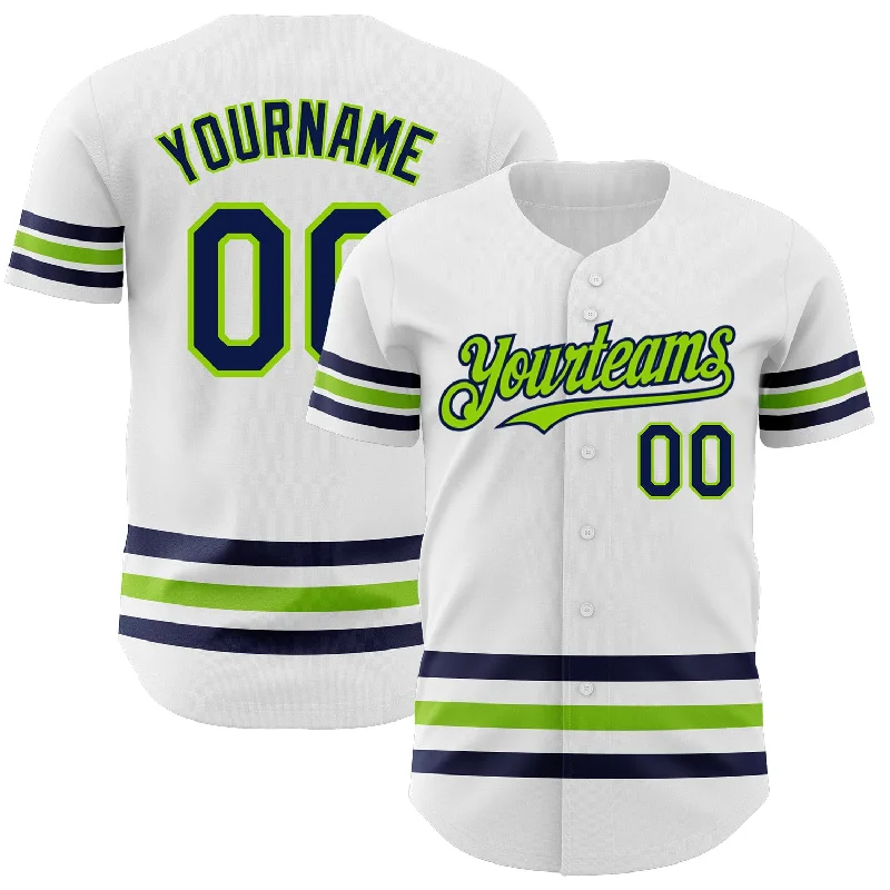 Football Jersey With Reflective Stripes-Basketball Jersey With Reflective Stripes-Baseball Jersey With Reflective Stripes-Custom White Navy-Neon Green Line Authentic Baseball Jersey