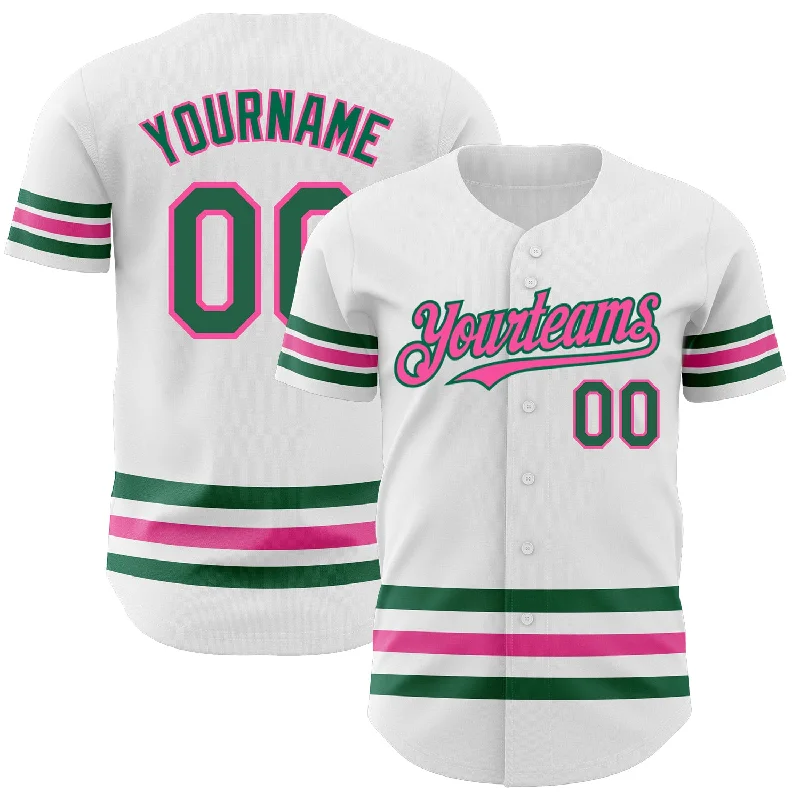 Football Jersey For College Teams-Basketball Jersey For College Teams-Baseball Jersey With Name-Custom White Kelly Green-Pink Line Authentic Baseball Jersey