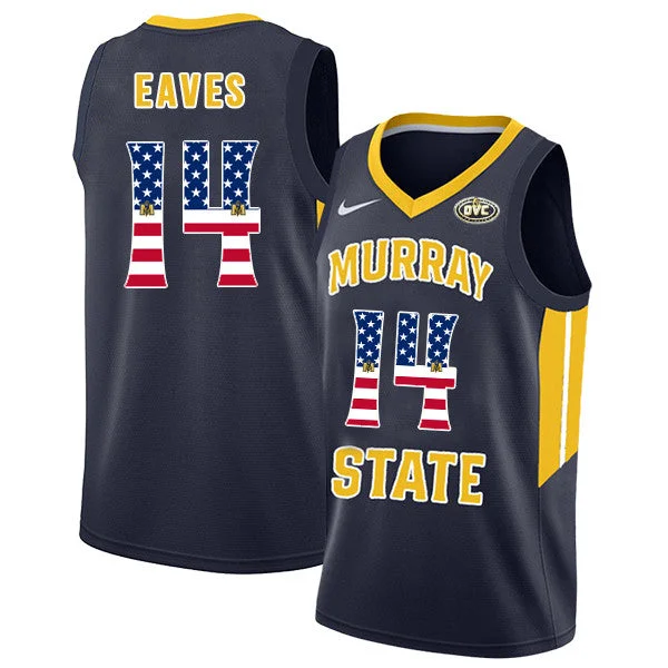 Basketball Jersey With Iconic Branding-Murray State Racers 14 Jaiveon Eaves Navy USA Flag College Basketball Basketball Jersey