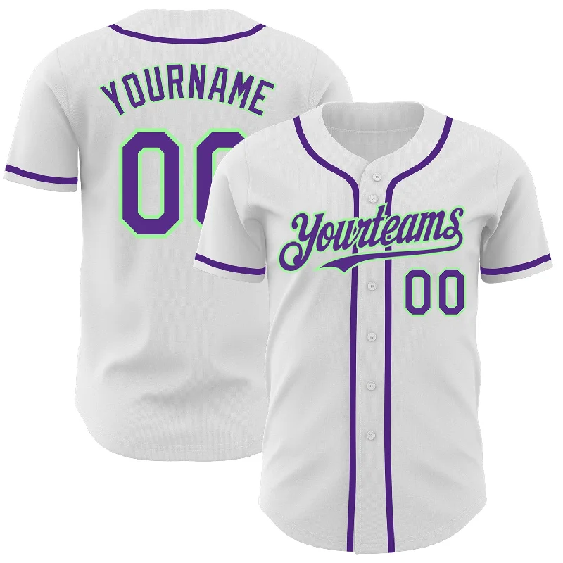 Football Jersey With Light Fabric-Basketball Jersey With Light Fabric-Baseball Jersey With Team Mascot-Custom White Purple-Pea Green Authentic Baseball Jersey