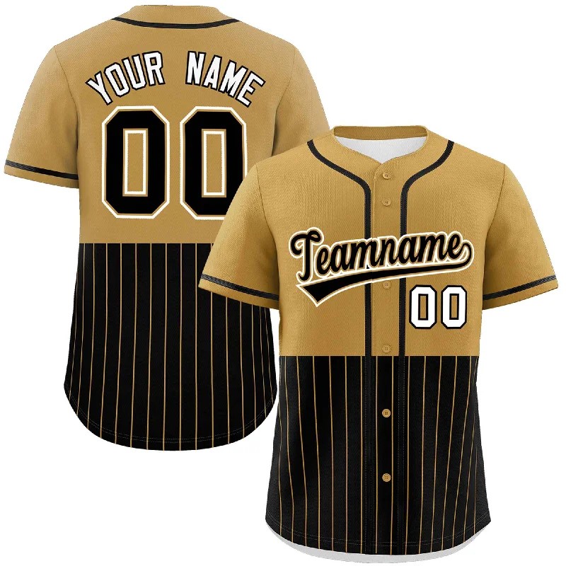 Printed Football Jersey-Embroidered Basketball Jersey-Printed Baseball Jersey-Custom Old Gold Black Personalized Half Stripe Design Authentic Baseball Jersey