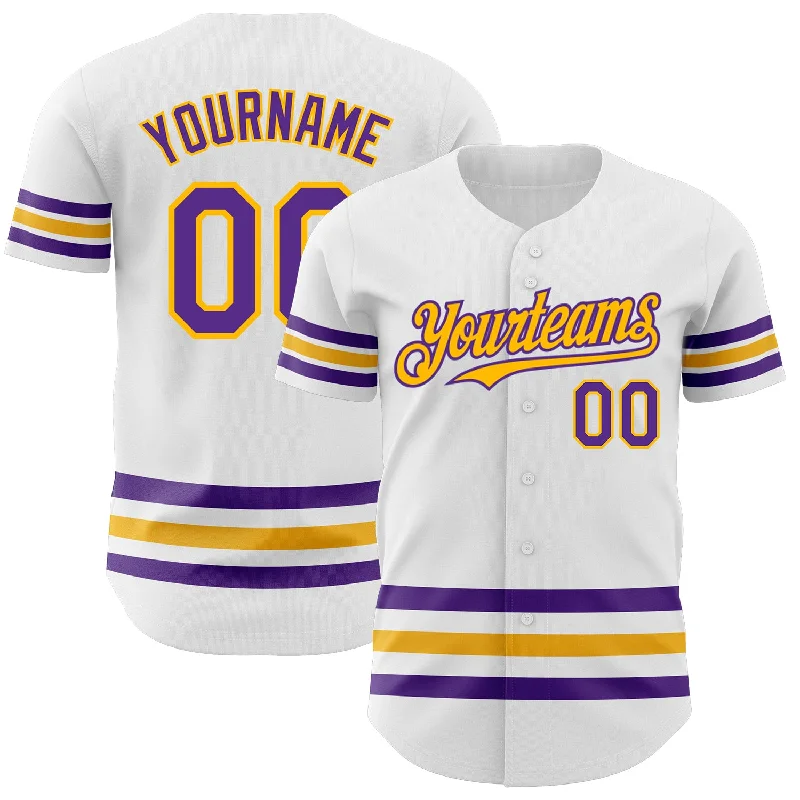 Football Jersey With Side Stripes-Basketball Jersey With Side Stripes-Baseball Jersey For Sponsorships-Custom White Purple-Gold Line Authentic Baseball Jersey