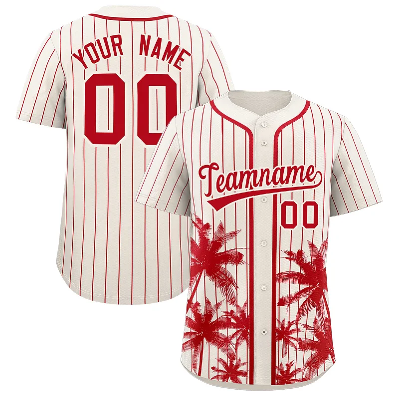 Football Jersey For Players-Basketball Jersey For Players-Neon Baseball Jersey-Custom Cream Red Pinstripe Coconut Tree Pattern Authentic Baseball Jersey