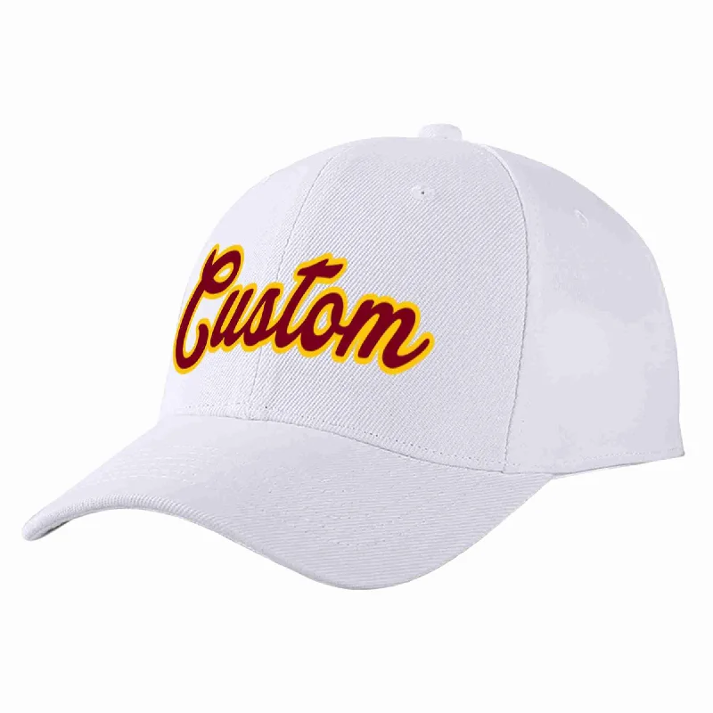 Snapback Baseball Cap-Custom White Crimson-Yellow Curved Eaves Sport Baseball Cap Design for Men/Women/Youth