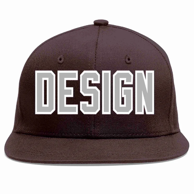 Basketball Baseball Cap-Custom Brown Gray-White Flat Eaves Sport Baseball Cap Design for Men/Women/Youth