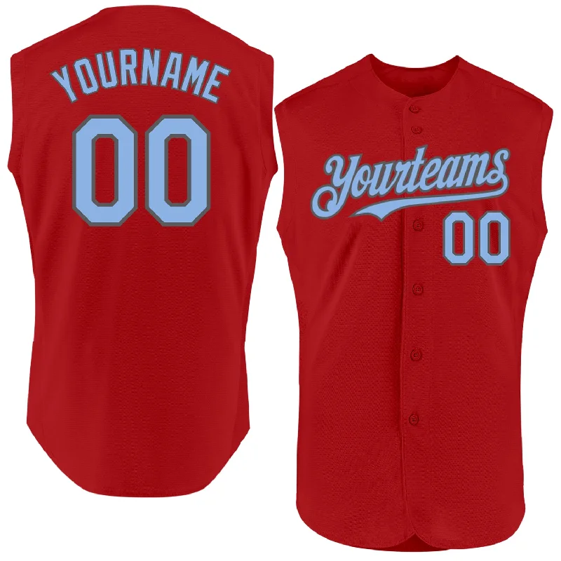 Football Jersey With Signature Style-Basketball Jersey With Signature Style-Baseball Jersey With Custom Artwork-Custom Red Light Blue-Steel Gray Authentic Sleeveless Baseball Jersey