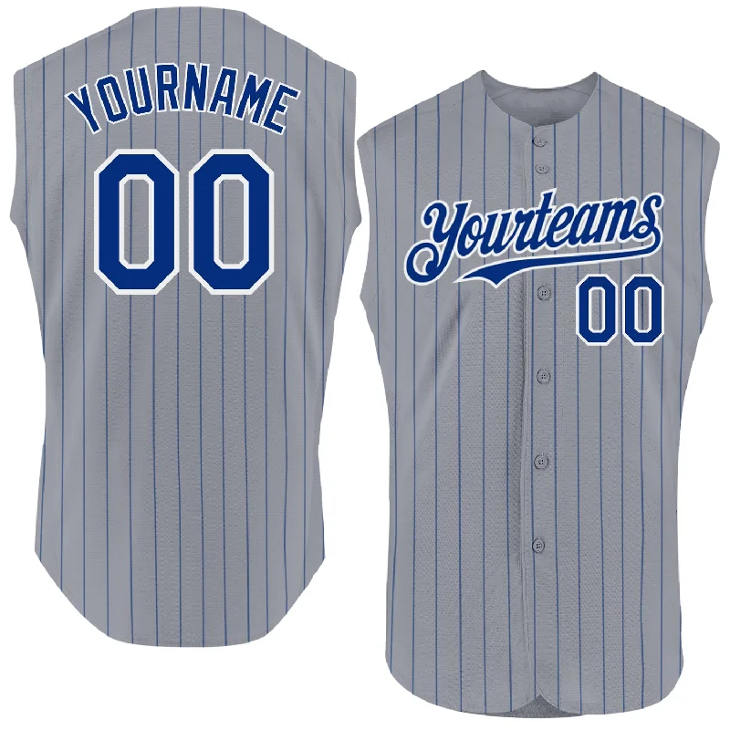 Football Jersey With Team Spirit-Basketball Jersey With Team Spirit-Baseball Jersey With Tropical Print-Custom Gray Royal Pinstripe White Authentic Sleeveless Baseball Jersey