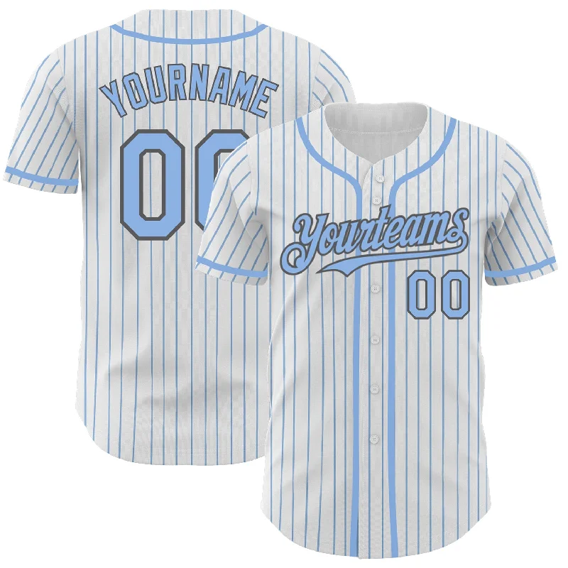 Football Jersey With Custom Art-Basketball Jersey With Custom Art-Baseball Jersey For Men-Custom White Light Blue Pinstripe Steel Gray Authentic Baseball Jersey