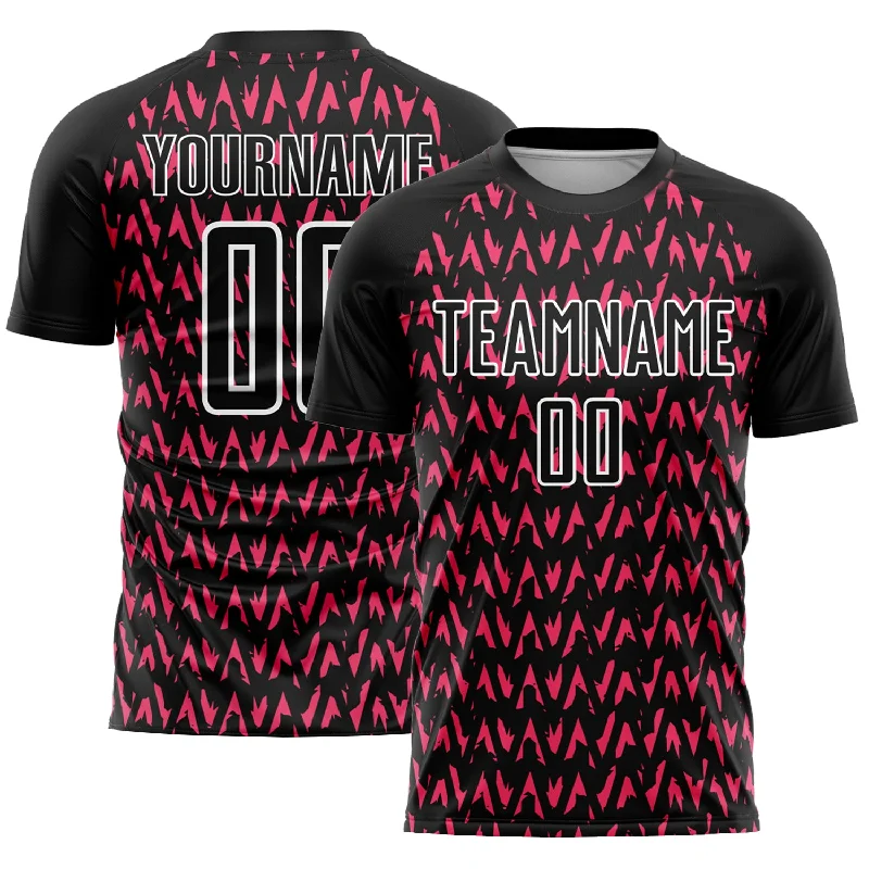 Football Jersey For Signature Teams-Custom Black Hot Pink-White Abstract Geometric Pattern Sublimation Soccer Uniform Jersey