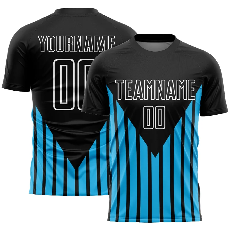 Football Jersey For Cold Weather Play-Custom Black Sky Blue-White Lines Sublimation Soccer Uniform Jersey